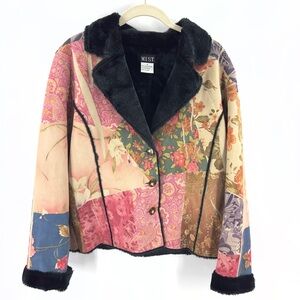 MIST Y2K Floral Faux Suede Fur Lined Jacket Size M Patchwork Vintage Penny Lane